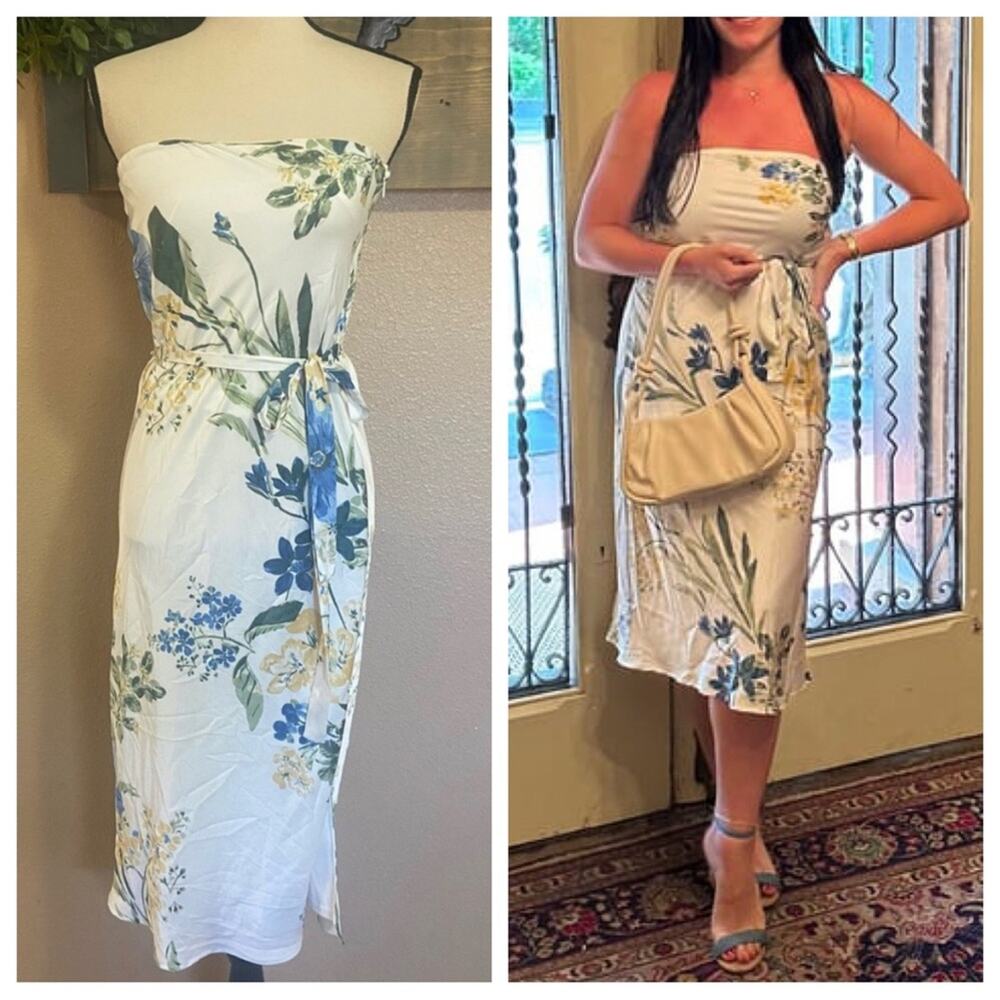 NWOT Lulus Season of Bliss White Floral Print Satin Strapless Midi Dress